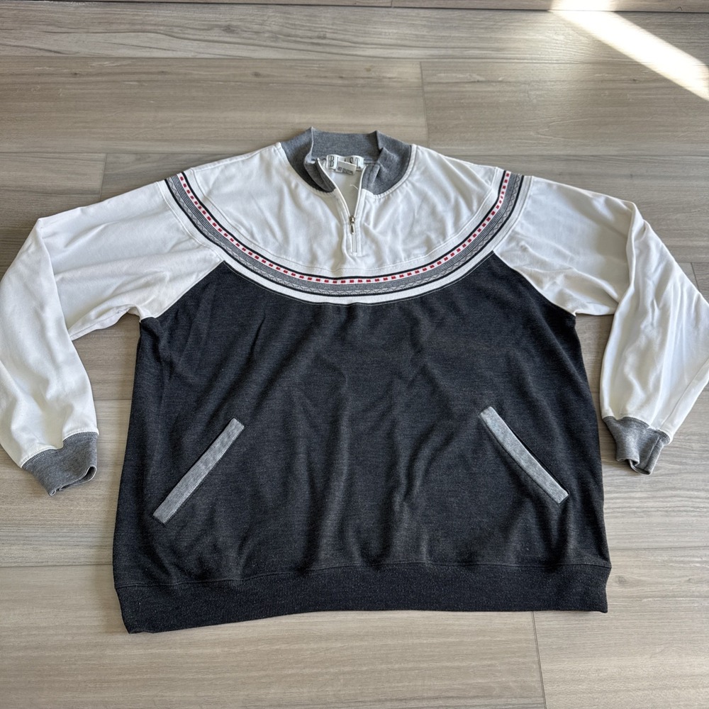 VINTAGE Blast Sweater Womens Large Zip Pullover‎ Gray Cream Red Taiwan Made